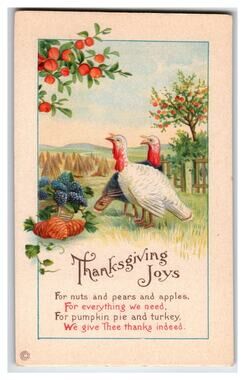 Vintage Thanksgiving Joys Postcard Turkeys Autumn Harvest Poem Embossed USA